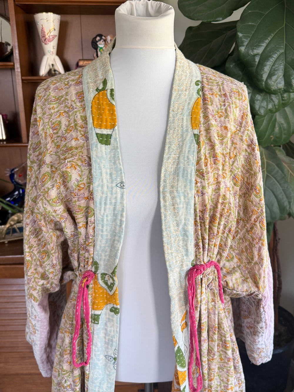 Kantha Bae Dreamweaver Vintage Cotton Sari Pastel Cinch Kimono OS - Picture 2 of 16